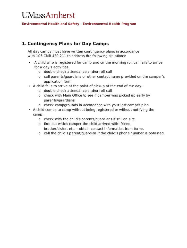 Recreational Camp Emergency Plans for Incidents and Natural UMass