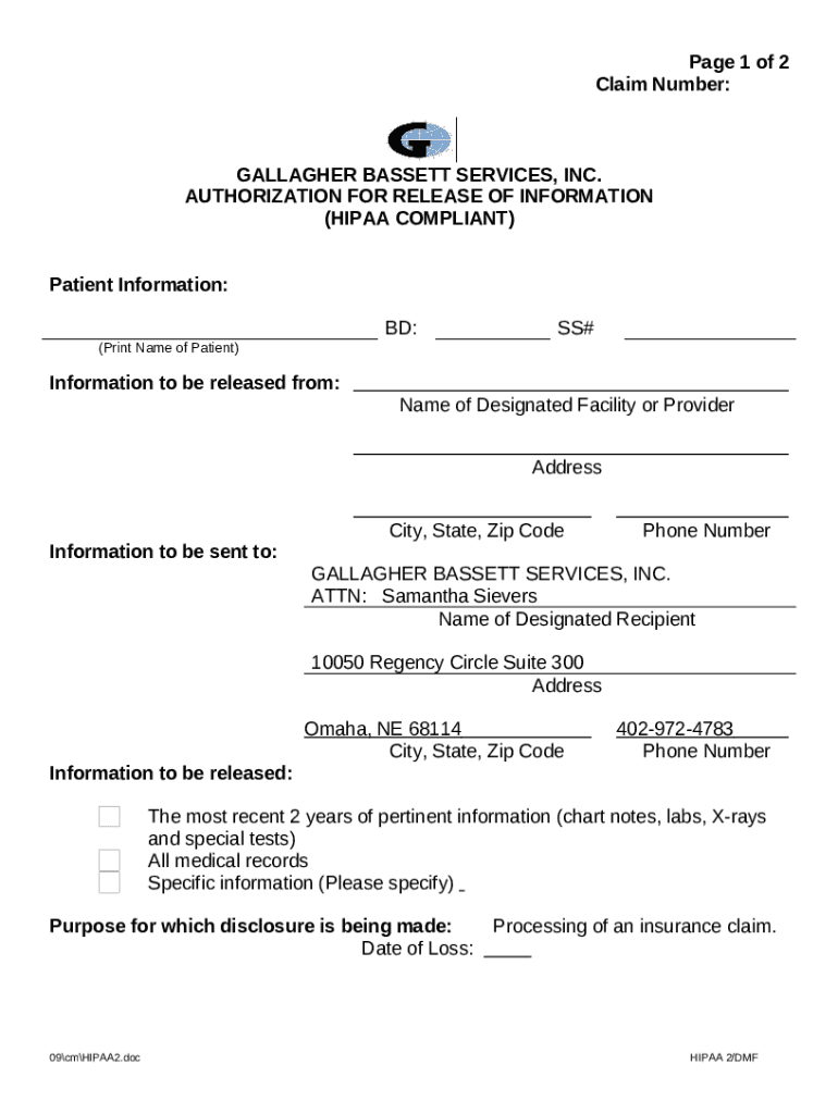 1 Of 2 Claim Number GALLAGHER BASSETT SERVICES