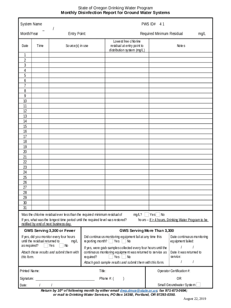 Monthly Groundwater Disinfection Reporting Oregon Doc Template