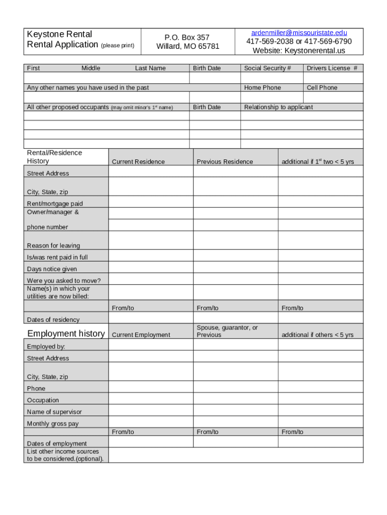 Keystone Rental Application Missouri State University people