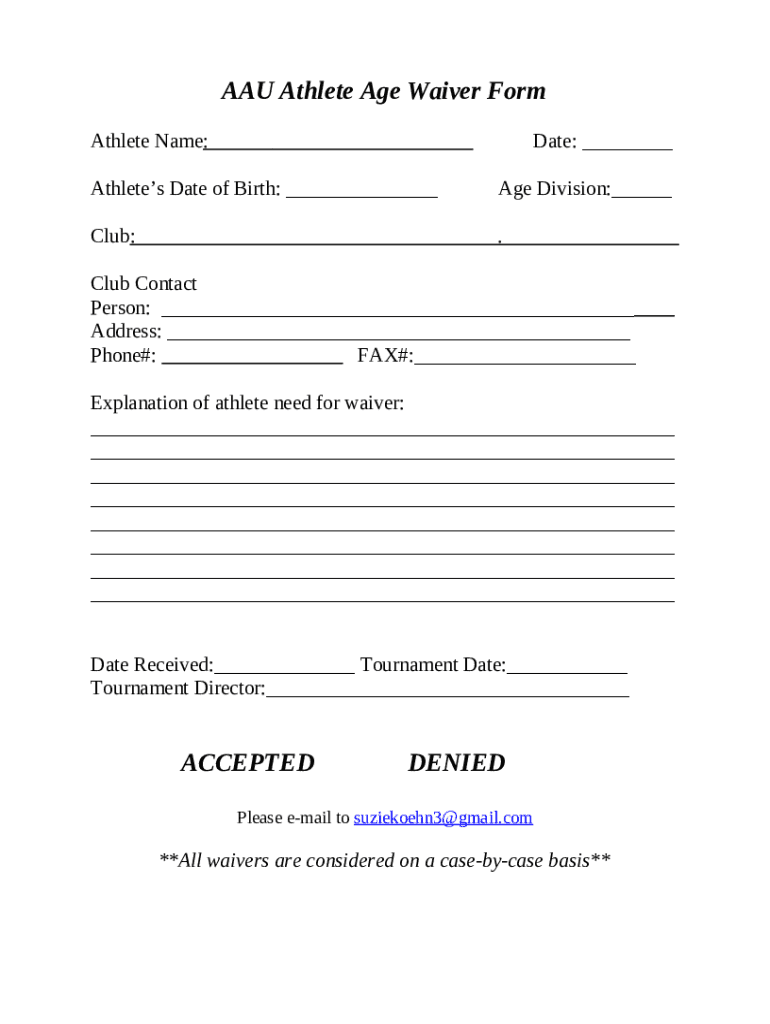Athlete Waiver Release ("Agreement Aau , Printable Doc Template