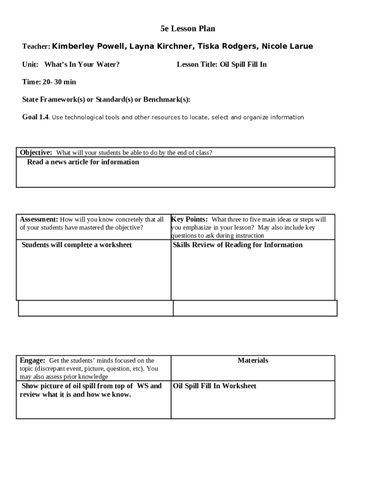 5e Lesson Plan Doc Template PdfFiller