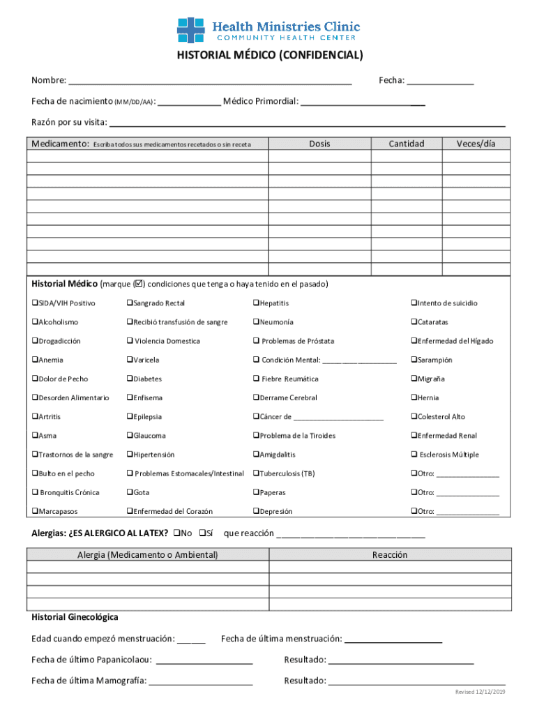 KS Health Ministries Clinic Historial Medico (Confidencial) Form Preview on Page 1.