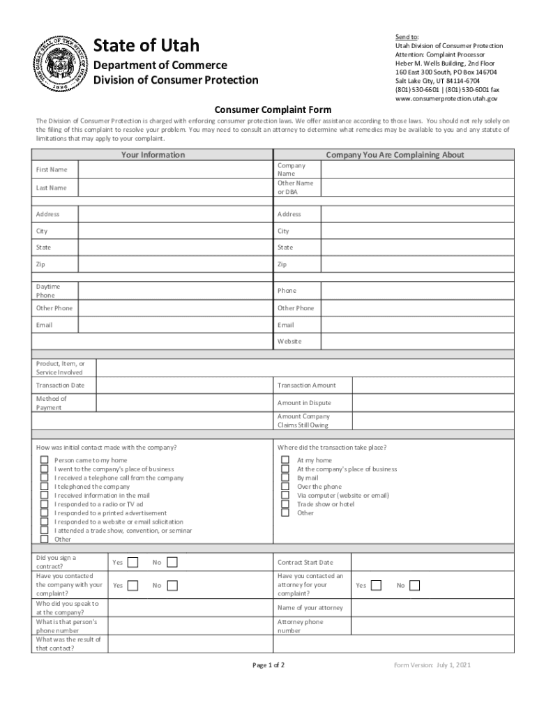 Consumer Complaint Form - Utah Division Of Consumer Protection - Fill ... Preview on Page 1