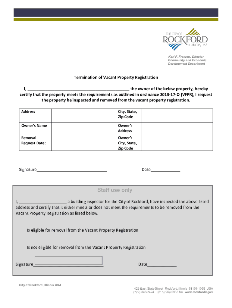 Fillable Online Termination of Vacant Property Registration I, the