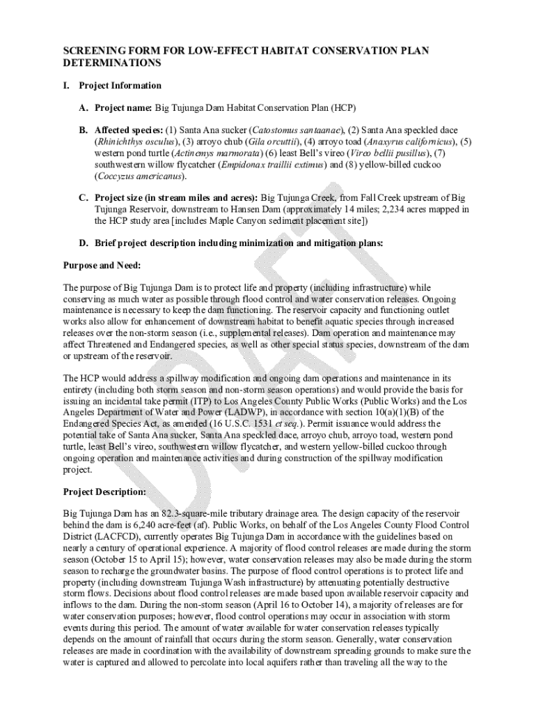 Fillable Online SCREENING FORM FOR LOWEFFECT HABITAT CONSERVATION