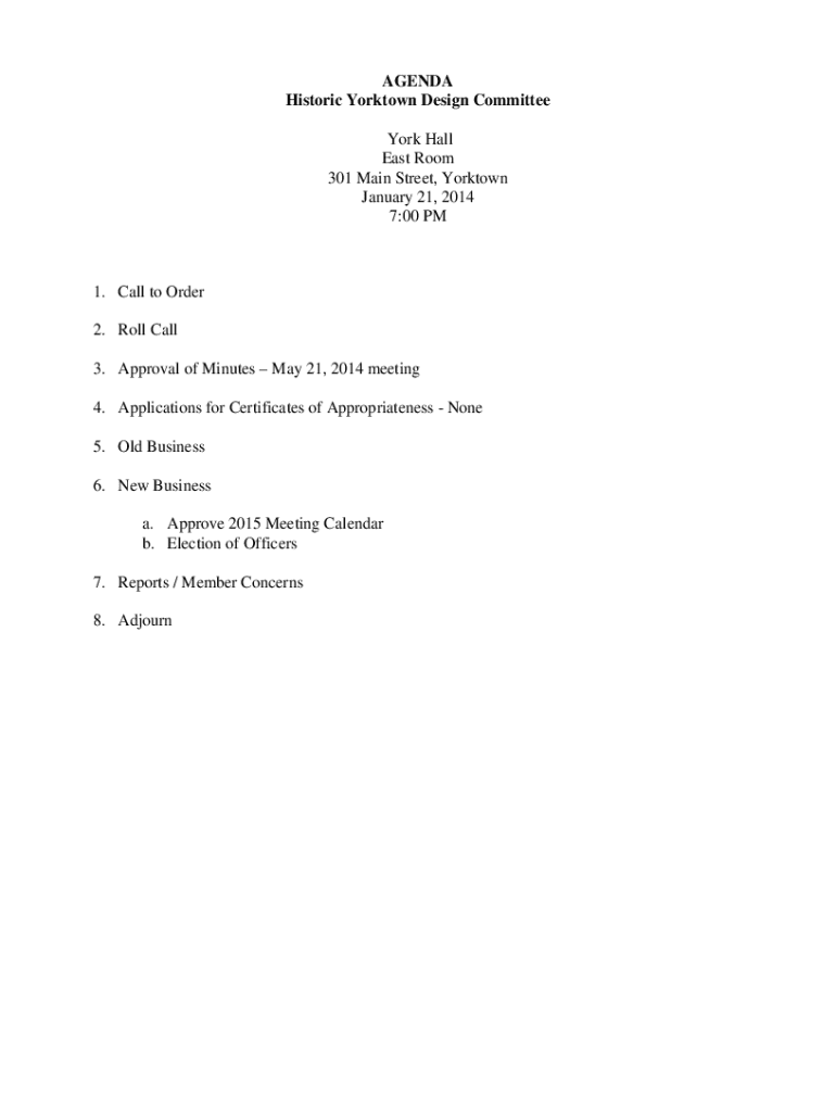 Fillable Online AGENDA Historic Yorktown Design Committee York Hall East Room Fax Email