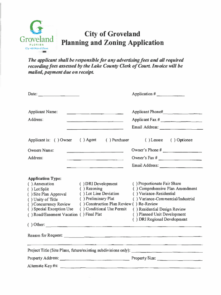 Fillable Online City of Groveland Planning and Zoning Application Fax