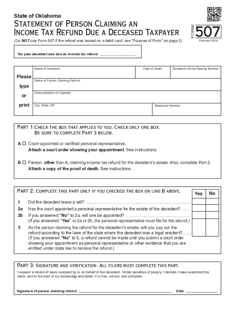 2016 Form 507 Statement of Person Claiming an Income Tax Refund Due a Deceased Taxpayer Preview on Page 1