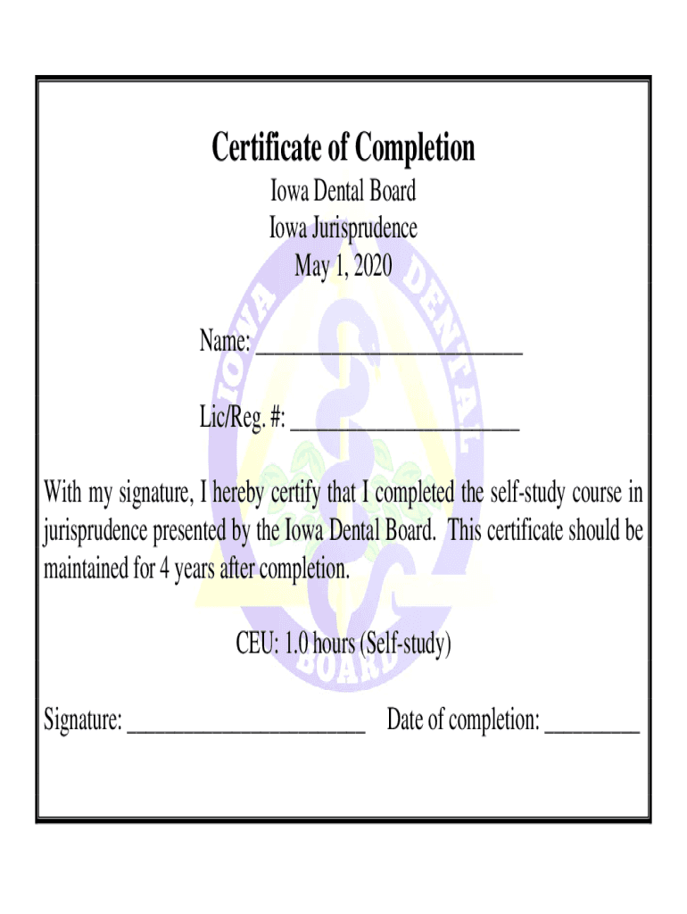 Fillable Online dentalboard iowa Certificate of Completion May2020