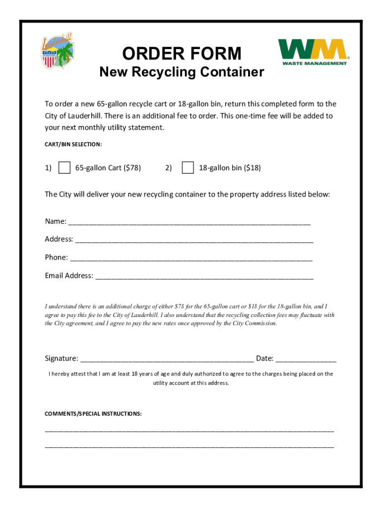 Fillable Online New Recycling Container Order Form Waste Management