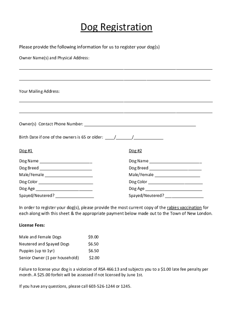 Fillable Online Dog License Registration Form (PDF) King William