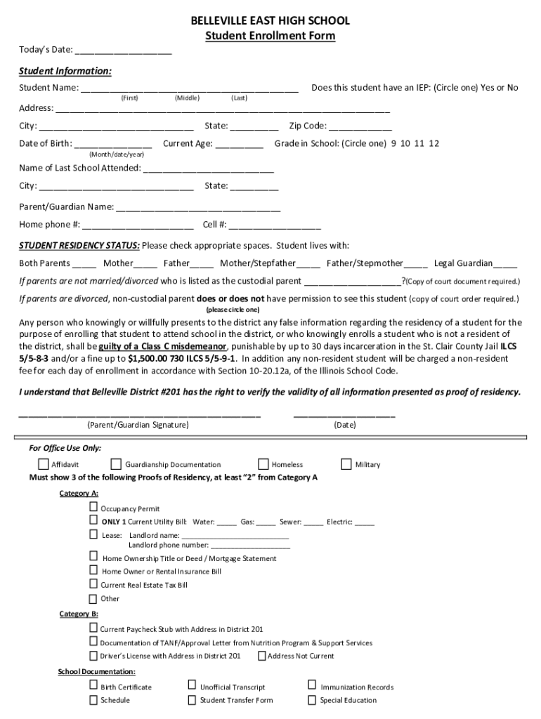 Fillable Online BELLEVILLE EAST HIGH SCHOOL Student Enrollment Form Fax