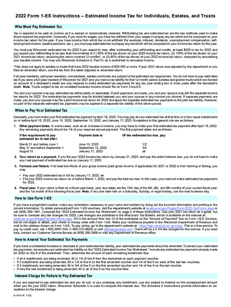 2022 D-101a Form 1-ES Instructions - Estimated Income Tax for ... Preview on Page 1