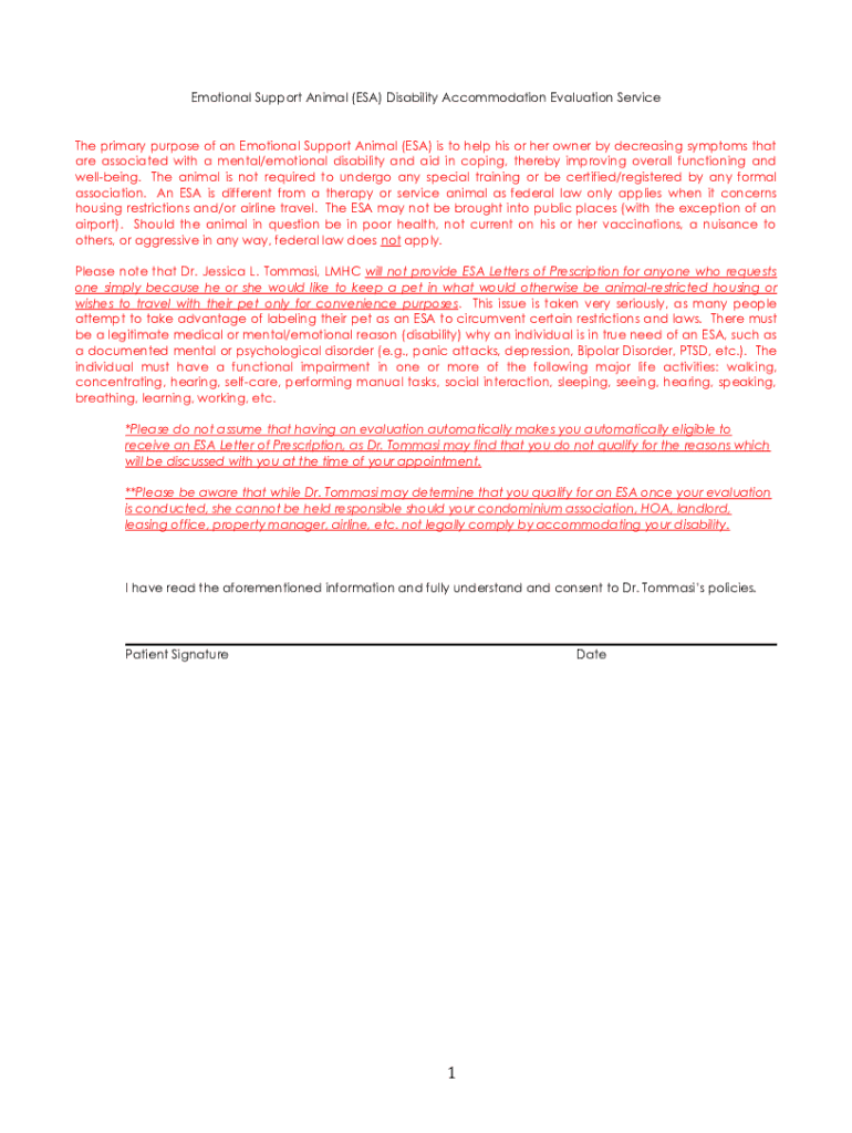 Fillable Online Emotional Support Animal (ESA) Disability Accommodation ...