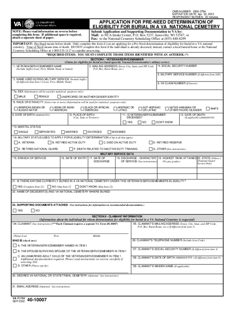 Fillable Online VA Form 40-40007, PRENEED BURIAL ... - National Guard ...
