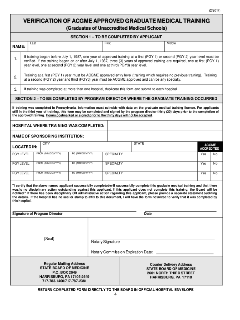 verification of acgme approved graduate medical training form Preview on Page 1