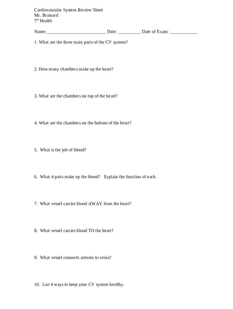 Cardiovascular System Review Sheet Crsd Doc Template PdfFiller