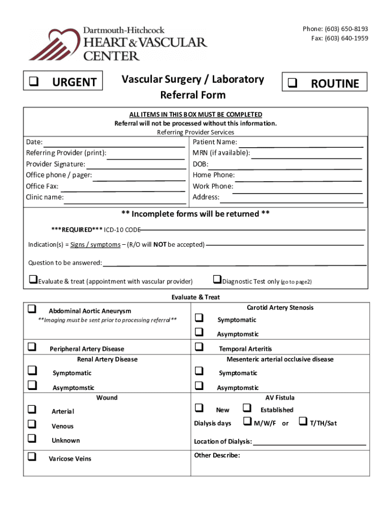 Fillable Online DartmouthHitchcock Vascular Surgery/Laboratory