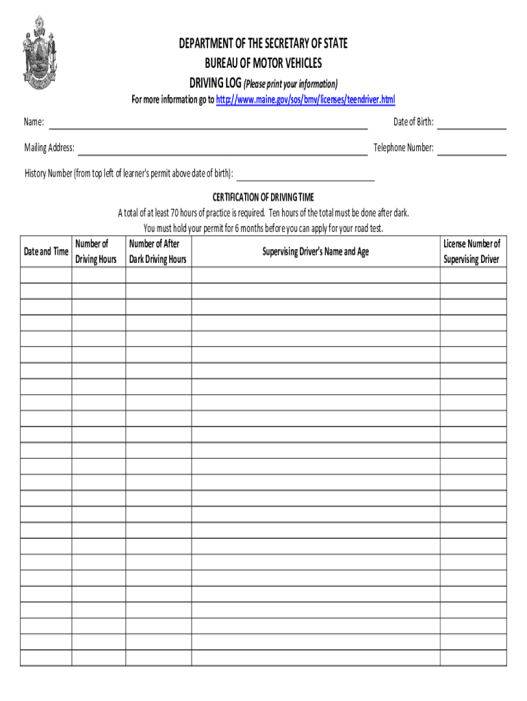 Bureau of Motor Vehicles Driving Log Preview on Page 1