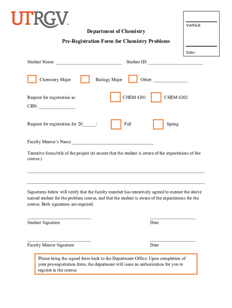 utrgv chemistryfilesVerified: Department of Chemistry Pre-Registration Form for Preview on Page 1