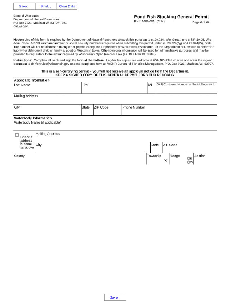 Form 9400-605 Pond Fish Stocking General Permit Form 9400-605 Pond Fish Stocking General Permit Preview on Page 1