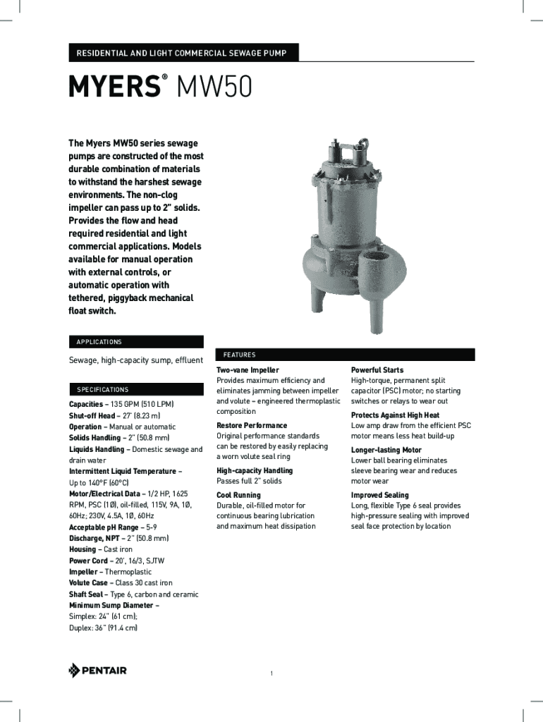 Fillable Online Myers MW50 Data Sheet. myers, residential and light