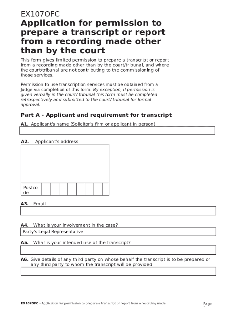 Form EX107: Order a transcript of court or tribunalForm EX107: Order a transcript of court or tribun Preview on Page 1