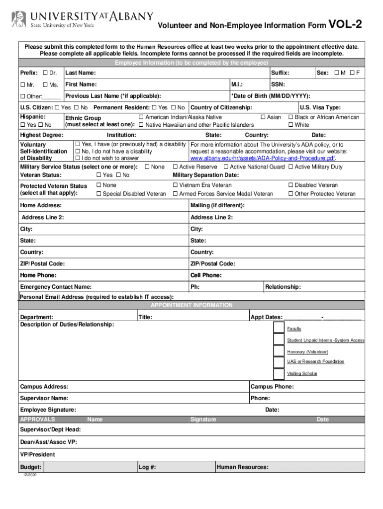 Fillable Online Volunteer and NonEmployee Information Form VOL2 Fax