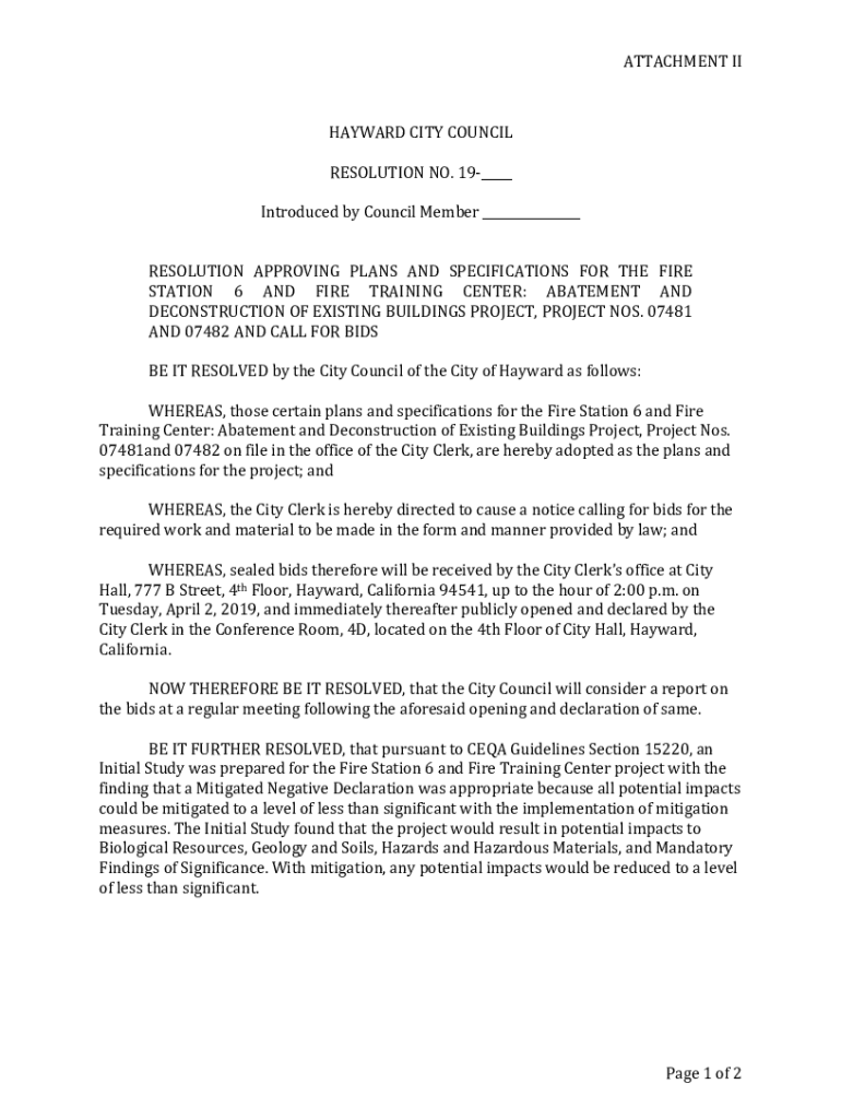 Fillable Online www.haywardca.govsitesdefaultATTACHMENT II HAYWARD CITY COUNCIL RESOLUTION NO