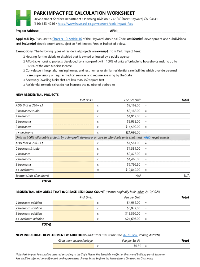 Fillable Online www.haywardca.govsitesdefaultPARK IMPACT FEE