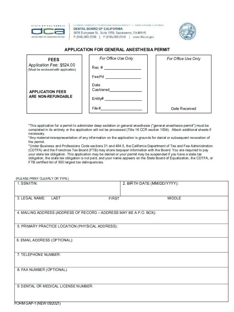 Application For General Anesthesia Permit - Dental Board of California Preview on Page 1