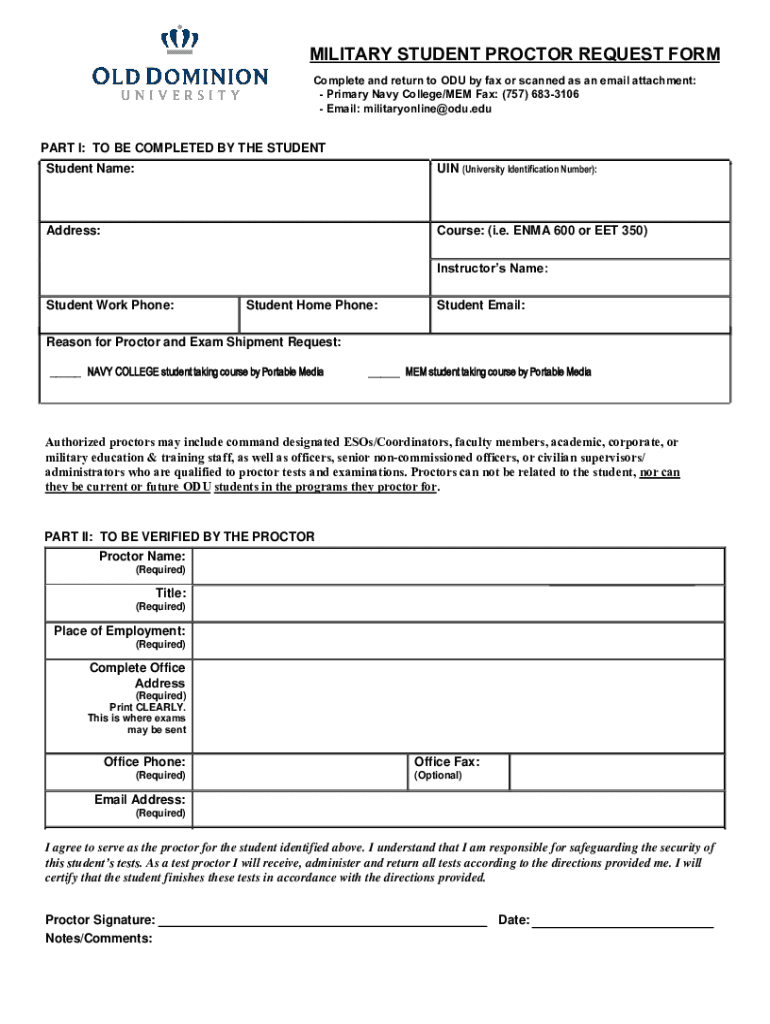 online odu mediaportable-media-proctor-formMilitary Student Proctor Request Form - online odu Preview on Page 1