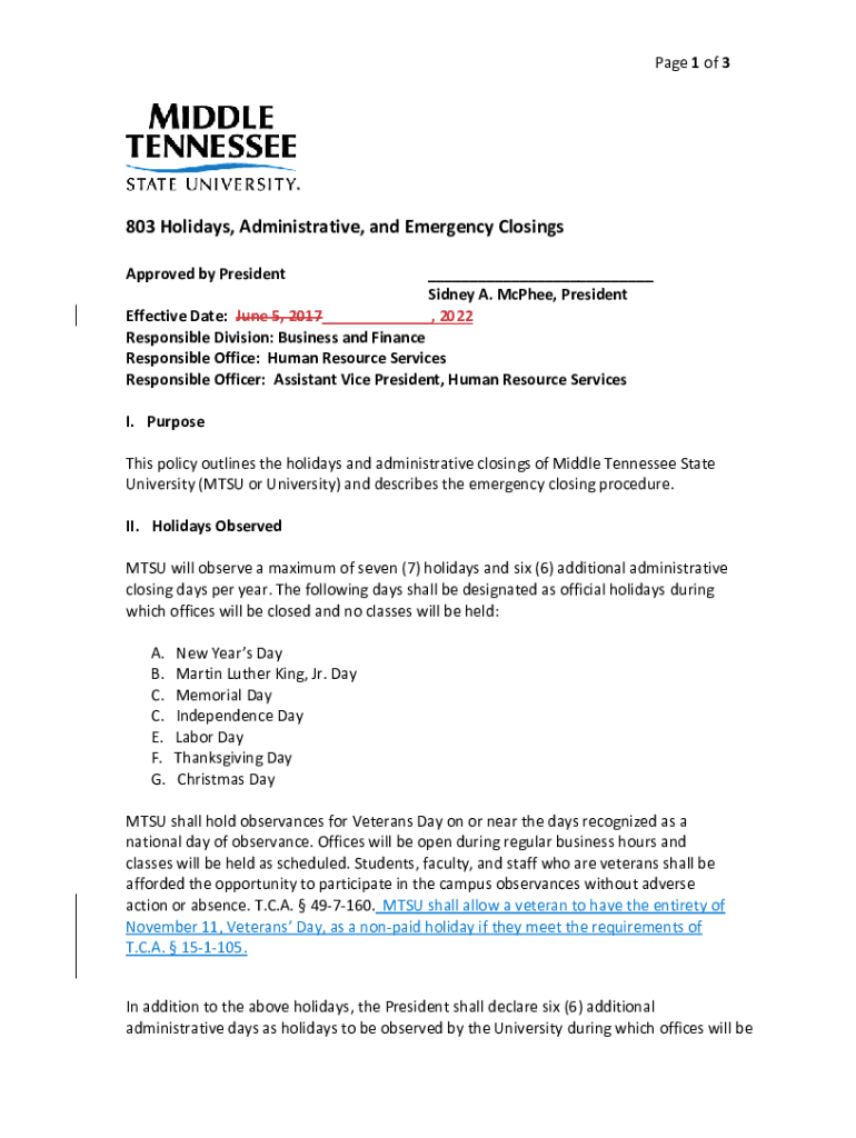 Fillable Online hr.tennessee.edubenefitsholidayscheduleHoliday and