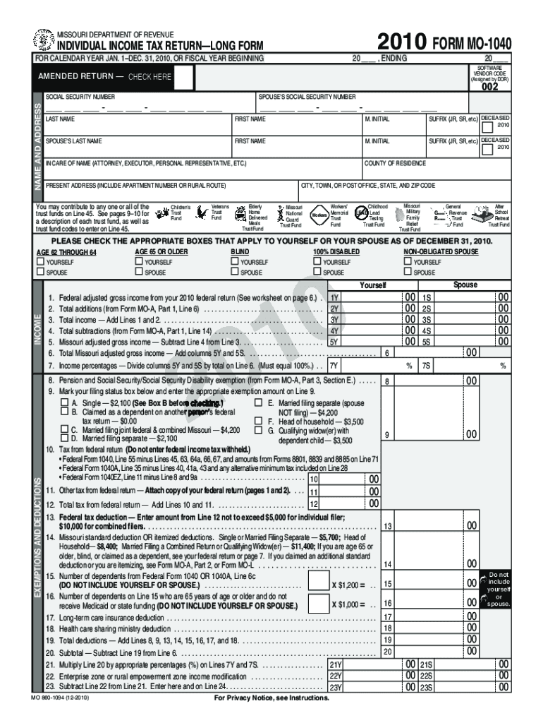 MISSOURI DEPARTMENT OF REVENUE 2000 FORM MO-1040 INDIVIDUAL INCOME TAX Preview on Page 1