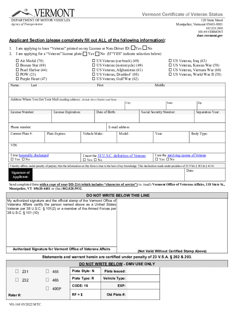 PDF Vermont Certificate of Veteran Status Preview on Page 1