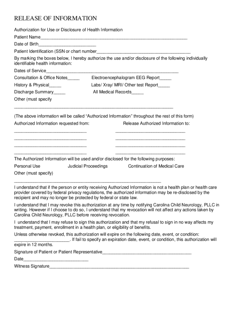 Fillable Online RELEASE OF INFORMATION Carolina Child Neurology Fax