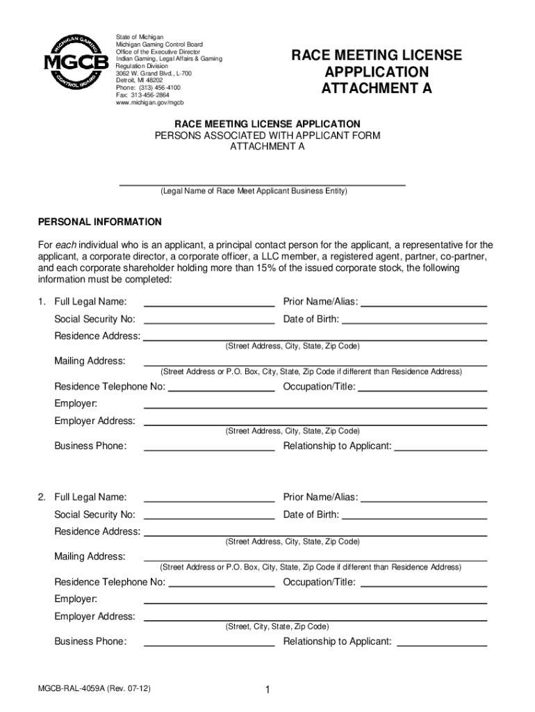 Fillable Online STATE OF MICHIGAN MICHIGAN GAMING CONTROL BOARD OFFICE