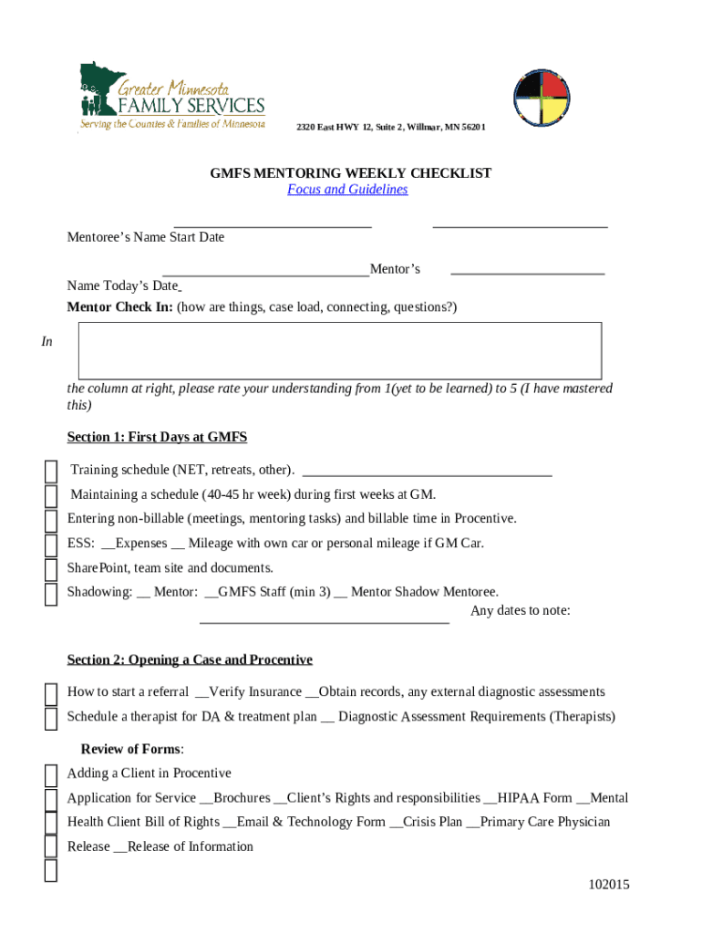 GMFS Mentoring Checklist Weekly Mentoring Checklist Doc Template GMFS Mentoring Checklist Weekly Mentoring Checklist Doc Template