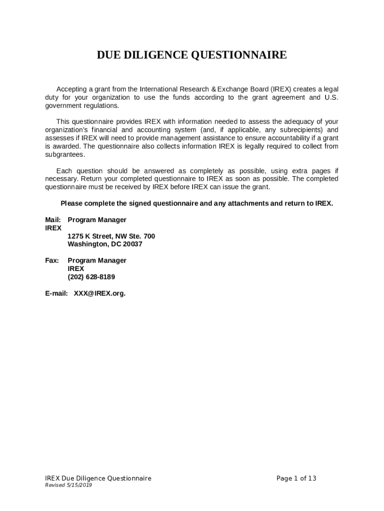 Diligence Questionnaire