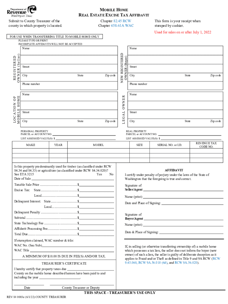 Fillable Online MOBILE HOME REAL ESTATE EXCISE TAX AFFIDAVIT Submit to