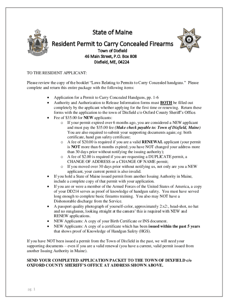 Fillable Online State of Maine Resident Permit to Carry Concealed