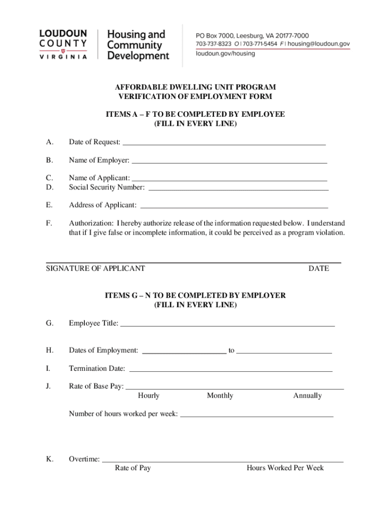 Fillable Online AFFORDABLE DWELLING UNIT PROGRAM VERIFICATION OF