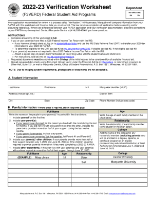 2022-23 Verification Worksheet - Marquette University