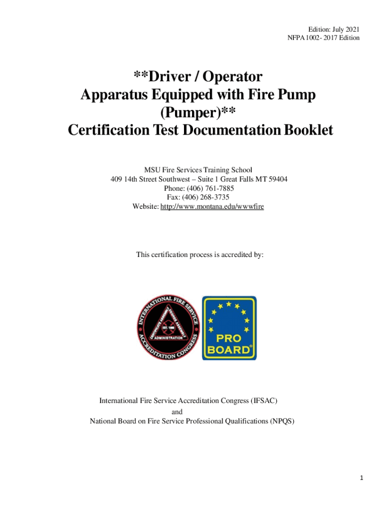 Fillable Online **Driver / Operator Apparatus Equipped with Fire Pump ...