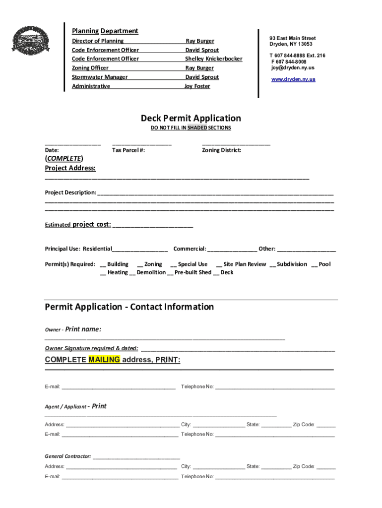 Fillable Online Deck Permit Application Permit Application Contact