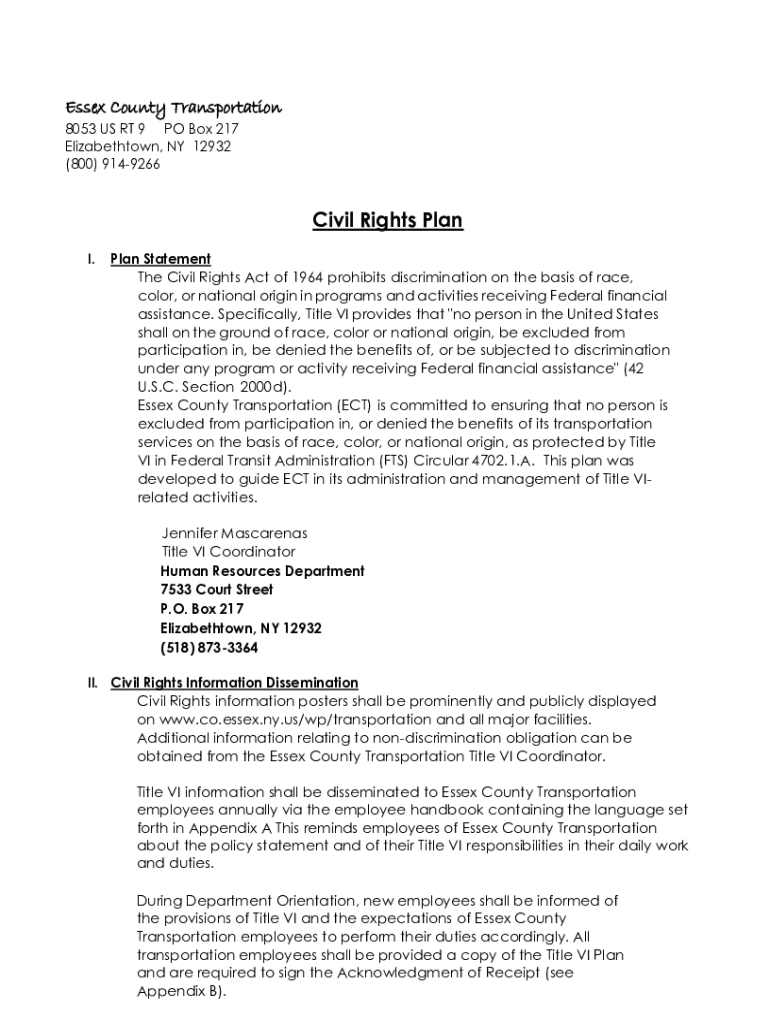 Fillable Online Civil Rights Plan Essex County Transportation Fax Email ...