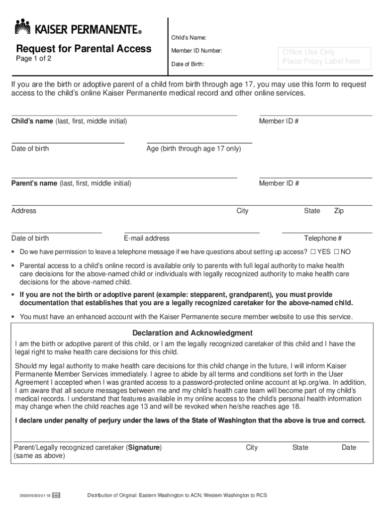 Fillable Online Request for Parental AccessKaiser Permanente Washington. Fill out this form to