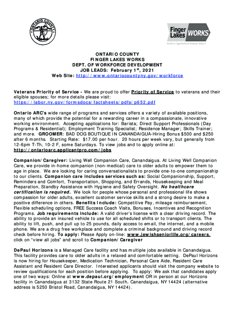 Fillable Online Ontario County Job Leads Seneca County Fax Email