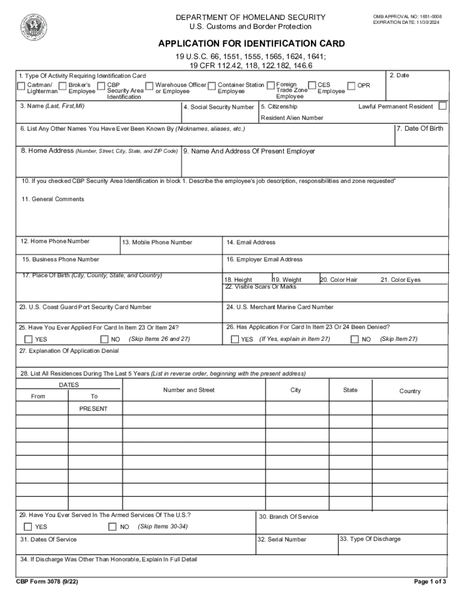 Cbp Form 3078: Application For Identification Card | Formswift